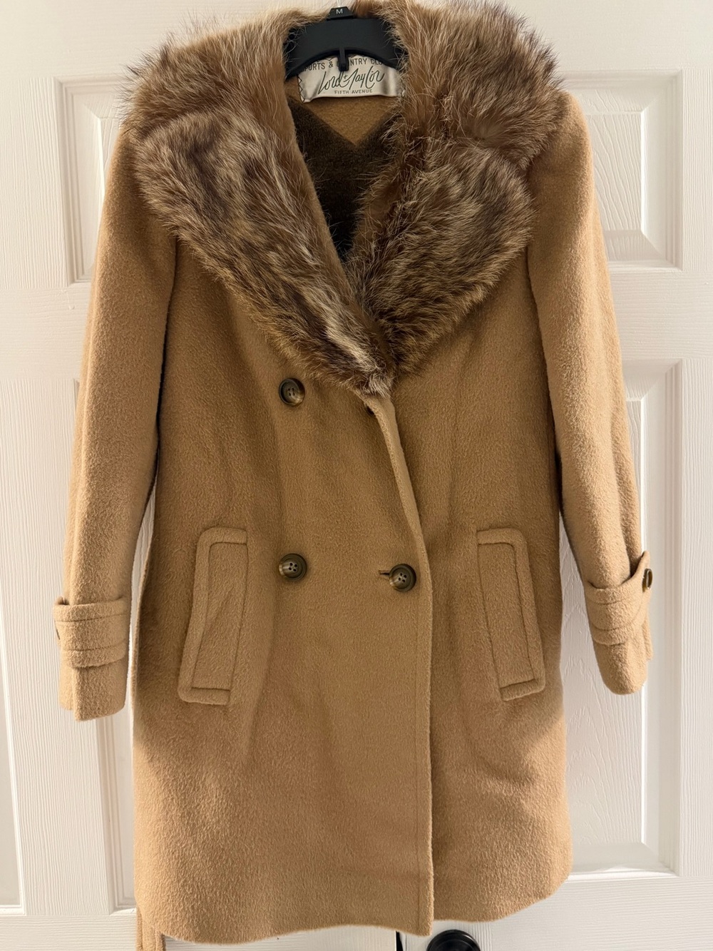 Lord & Taylor Camel Pea Coat with Faux Fur Collar